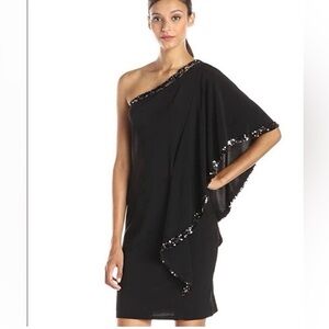 Betsy & Adam Black One Shoulder Cape Dress Sequin Trim Size 14